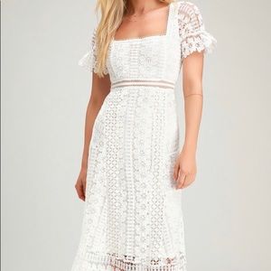 LOVE TO BE LOVED WHITE LACE MIDI DRESS